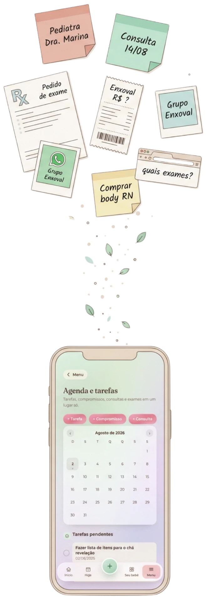 Anotações soltas, prints e recibos organizados dentro do Diário